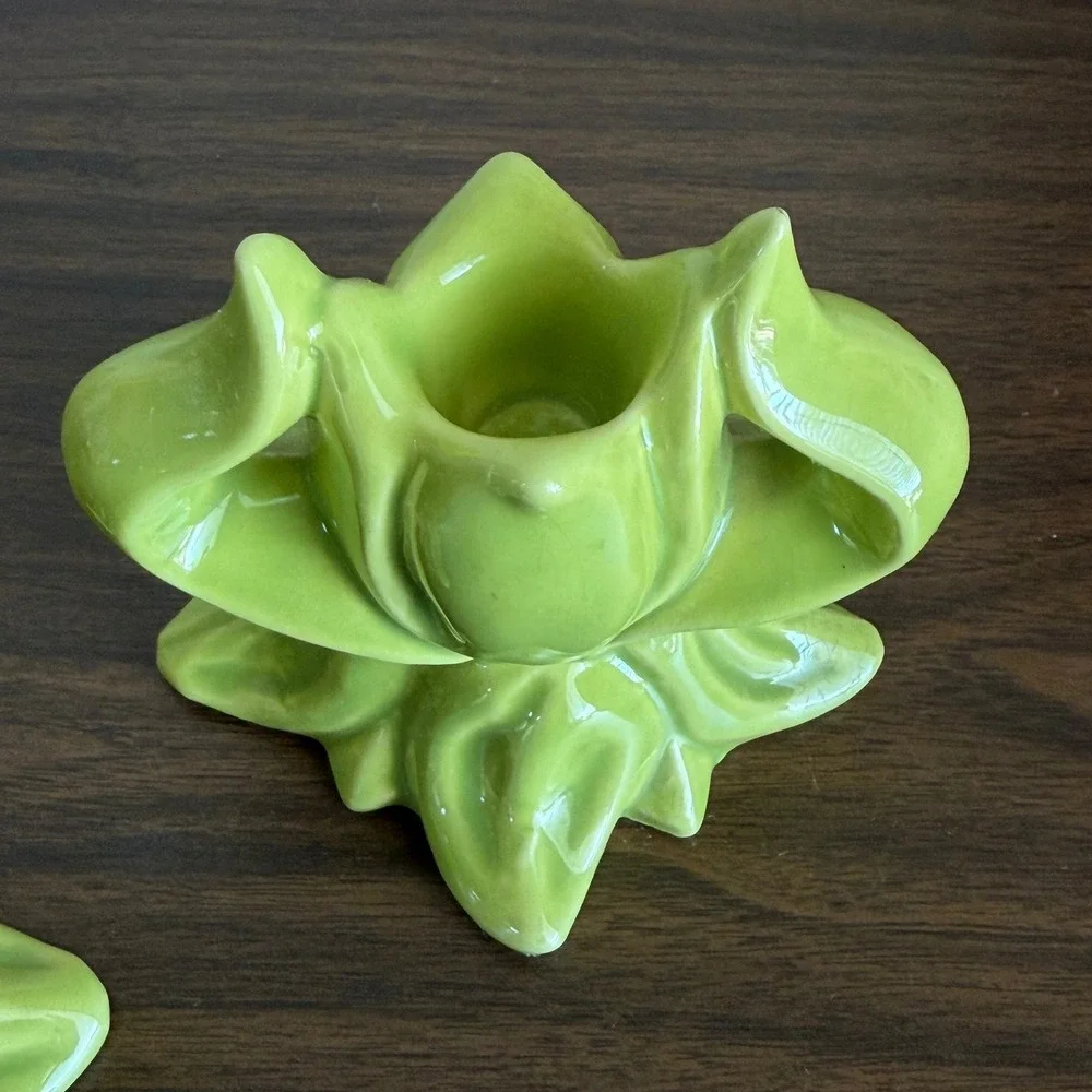 Vintage Chartreuse Green Ceramic Tulips Floral Candle Holder Set of 2 MCM READ